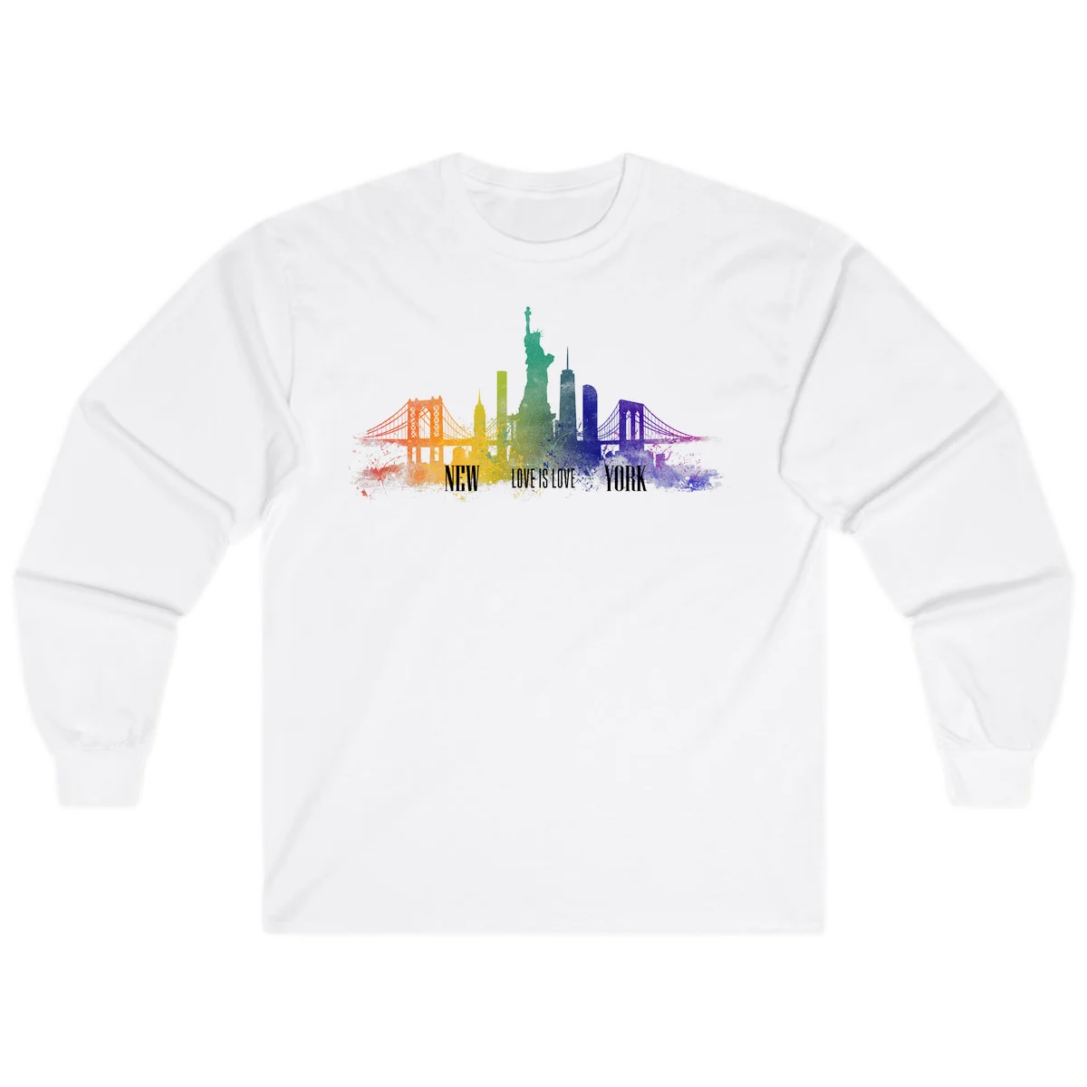 New York skyline with iconic landmarks rendered in rainbow watercolor gradients, featuring 'NEW LOVE IS LOVE YORK' text celebrating LGBTQ+ pride. in White