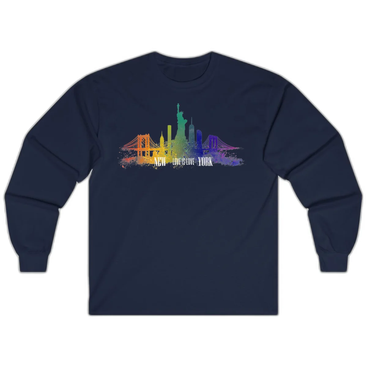New York skyline with iconic landmarks rendered in rainbow watercolor gradients, featuring 'NEW LOVE IS LOVE YORK' text celebrating LGBTQ+ pride. in Navy