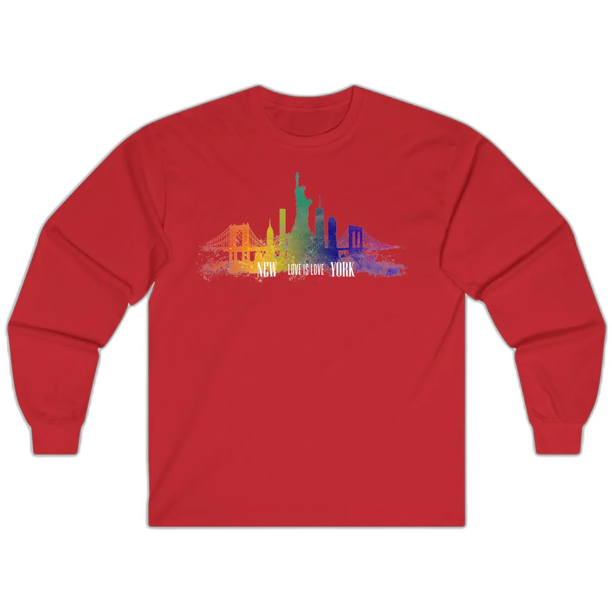 New York skyline with iconic landmarks rendered in rainbow watercolor gradients, featuring 'NEW LOVE IS LOVE YORK' text celebrating LGBTQ+ pride. in Red