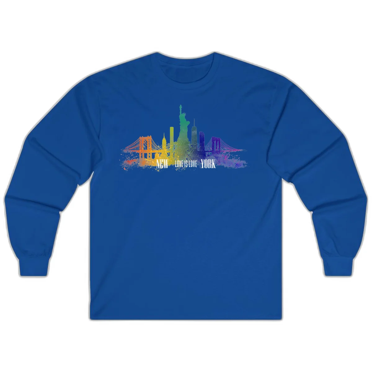 New York skyline with iconic landmarks rendered in rainbow watercolor gradients, featuring 'NEW LOVE IS LOVE YORK' text celebrating LGBTQ+ pride. in Royal