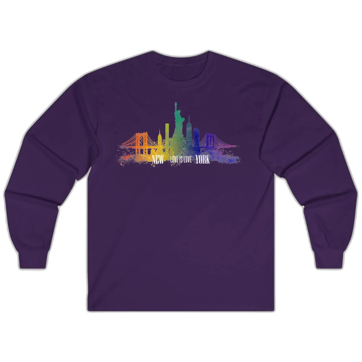 New York skyline with iconic landmarks rendered in rainbow watercolor gradients, featuring 'NEW LOVE IS LOVE YORK' text celebrating LGBTQ+ pride. in Purple