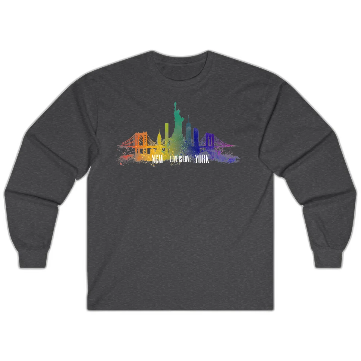 New York skyline with iconic landmarks rendered in rainbow watercolor gradients, featuring 'NEW LOVE IS LOVE YORK' text celebrating LGBTQ+ pride. in Dark Heather