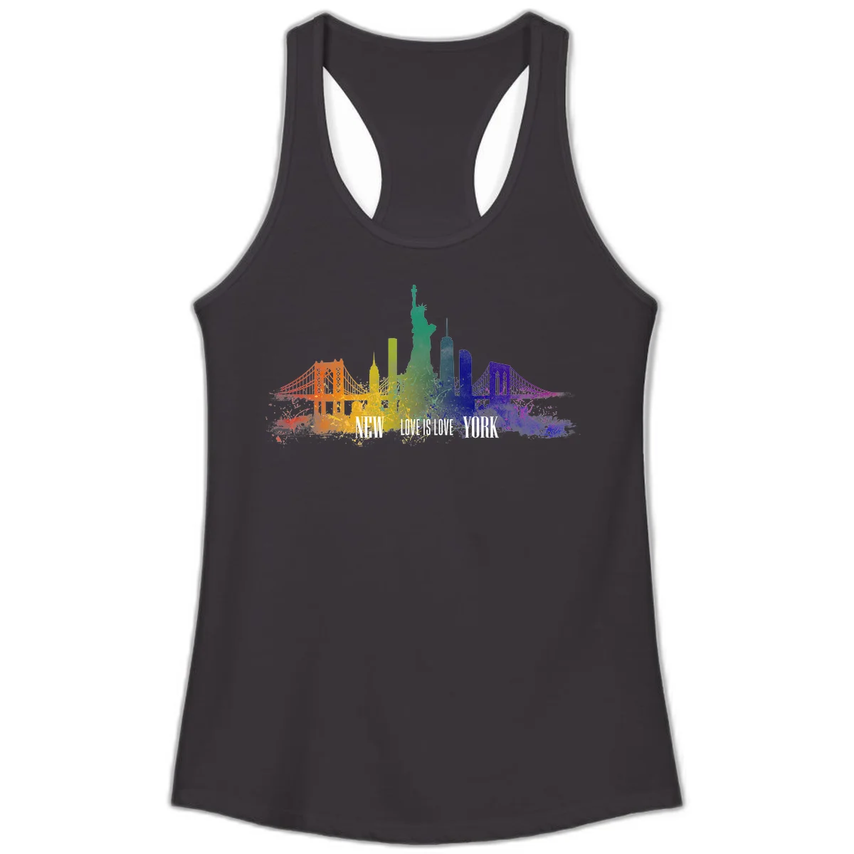 New York skyline with iconic landmarks rendered in rainbow watercolor gradients, featuring 'NEW LOVE IS LOVE YORK' text celebrating LGBTQ+ pride. in Black