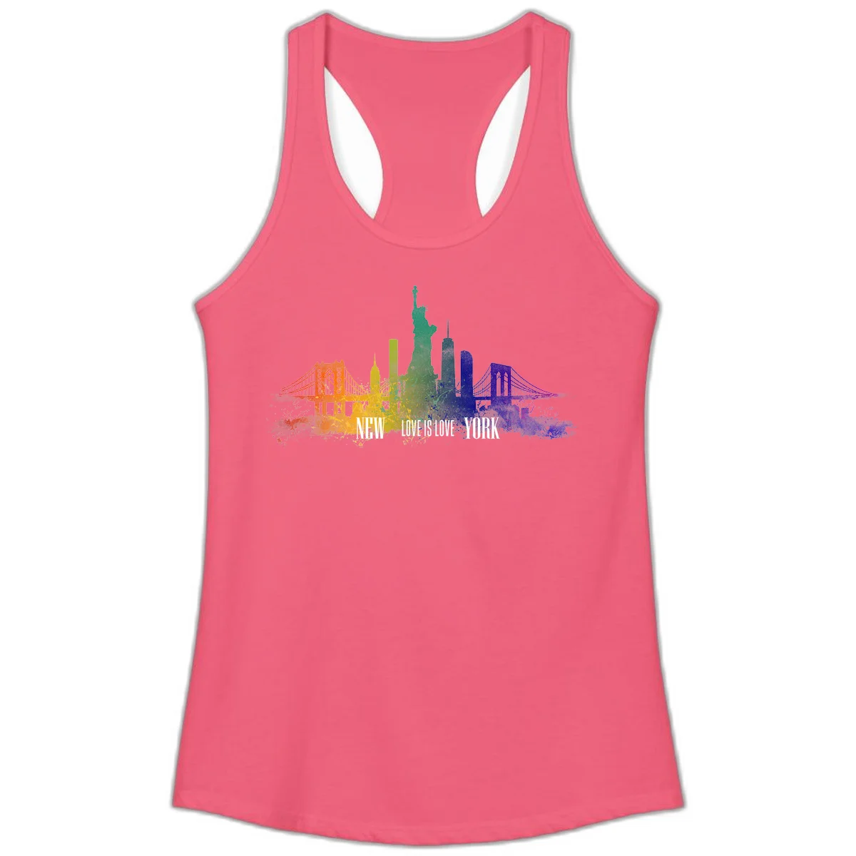 New York skyline with iconic landmarks rendered in rainbow watercolor gradients, featuring 'NEW LOVE IS LOVE YORK' text celebrating LGBTQ+ pride. in Hot Pink