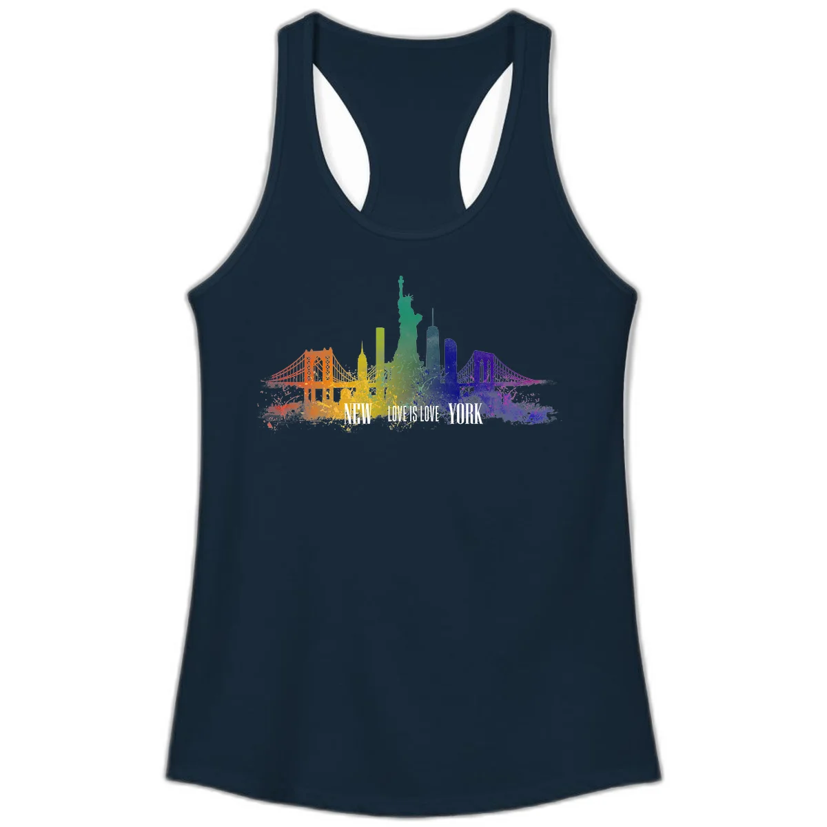 New York skyline with iconic landmarks rendered in rainbow watercolor gradients, featuring 'NEW LOVE IS LOVE YORK' text celebrating LGBTQ+ pride. in Solid Midnight Navy