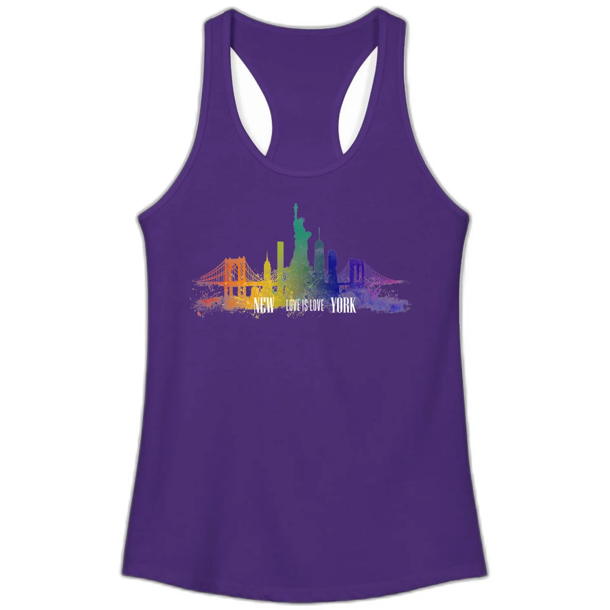 New York skyline with iconic landmarks rendered in rainbow watercolor gradients, featuring 'NEW LOVE IS LOVE YORK' text celebrating LGBTQ+ pride. in Solid Purple Rush