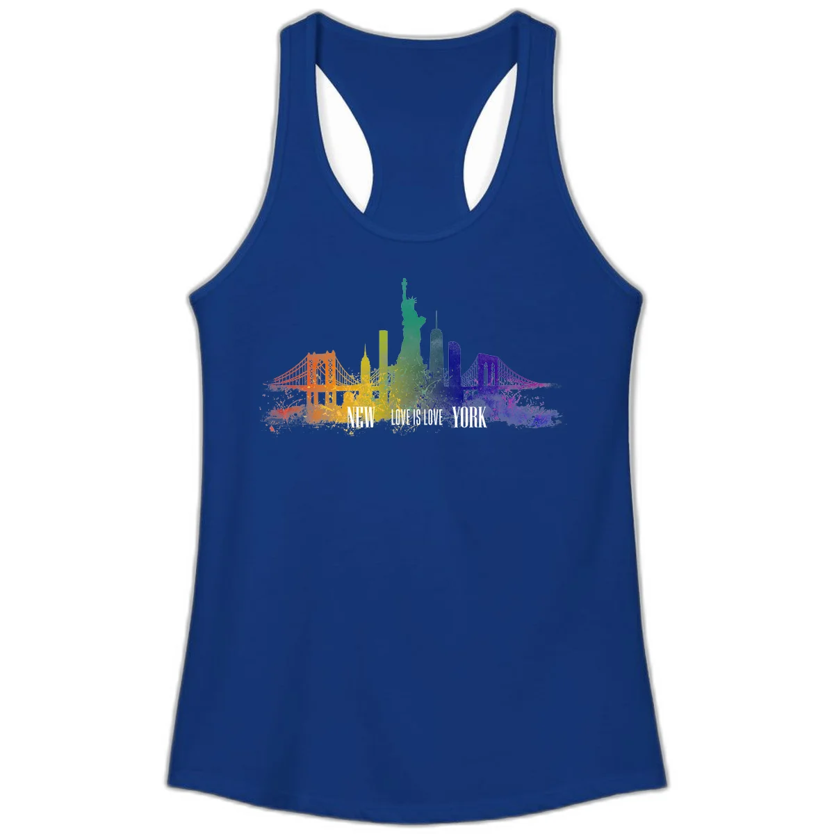 New York skyline with iconic landmarks rendered in rainbow watercolor gradients, featuring 'NEW LOVE IS LOVE YORK' text celebrating LGBTQ+ pride. in Solid Royal