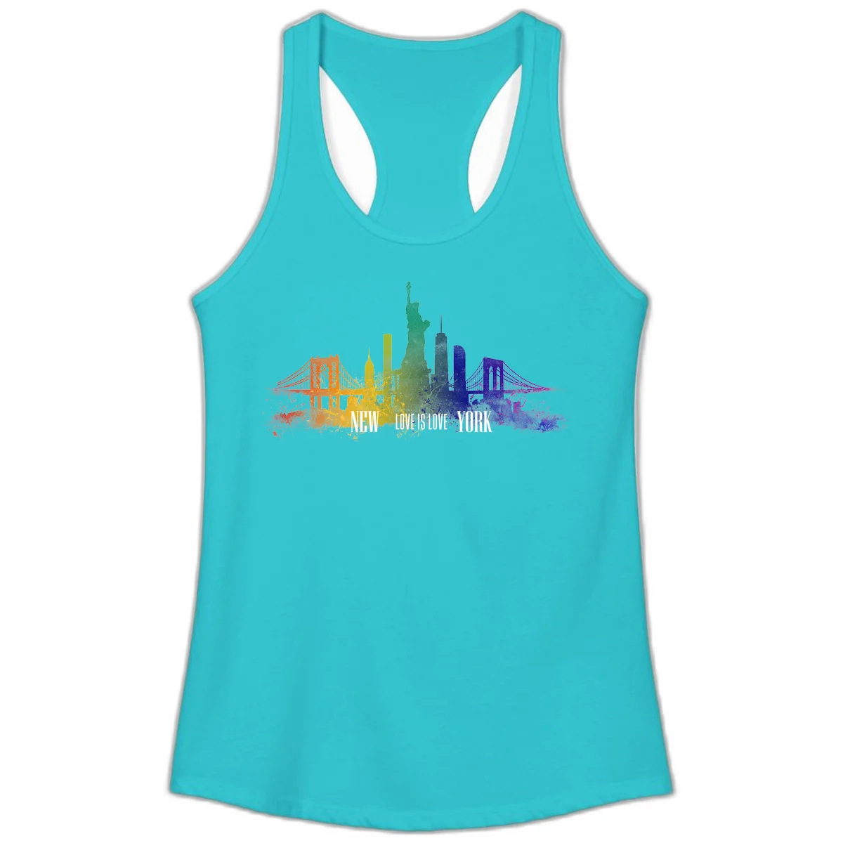 New York skyline with iconic landmarks rendered in rainbow watercolor gradients, featuring 'NEW LOVE IS LOVE YORK' text celebrating LGBTQ+ pride. in Solid Tahiti Blue