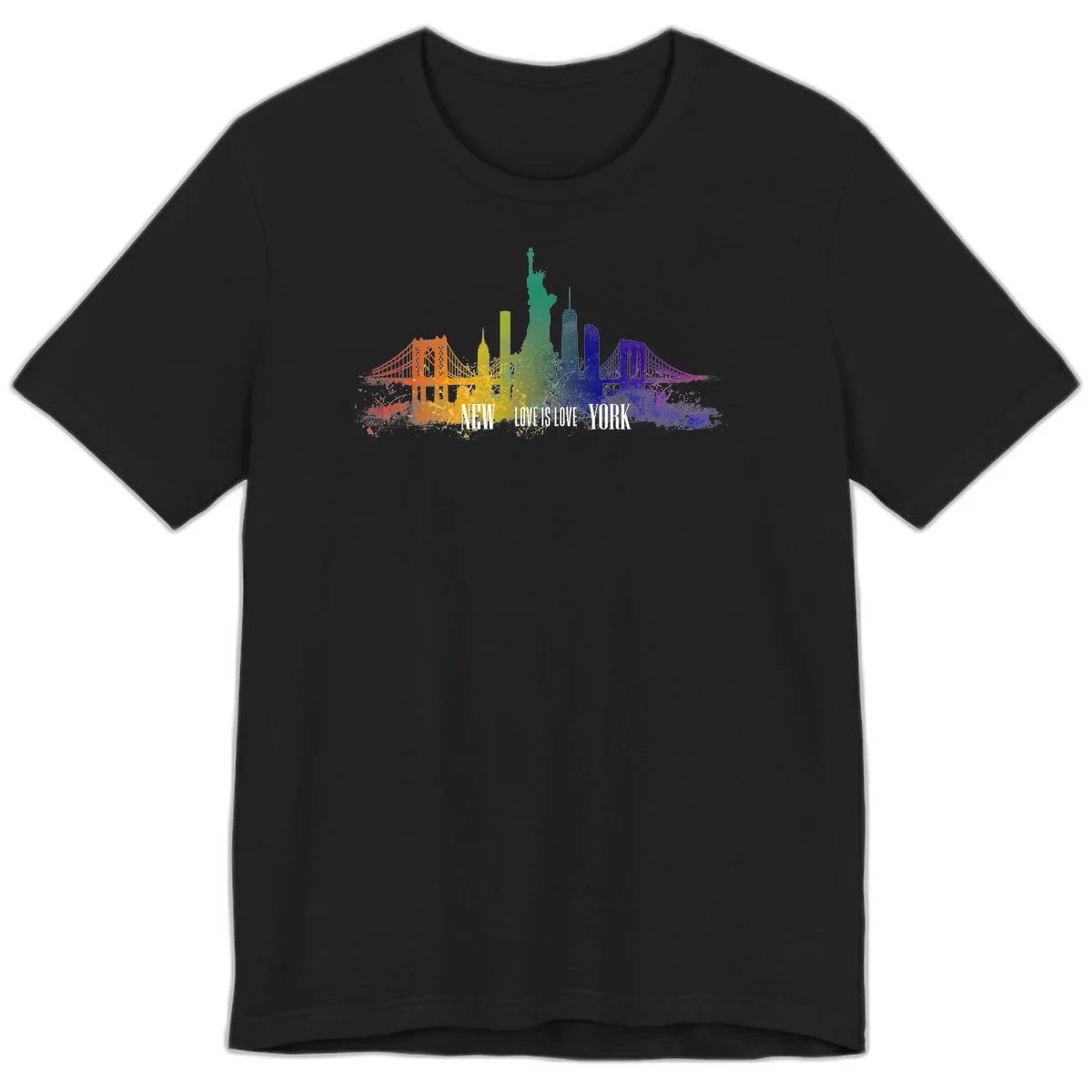 New York skyline with iconic landmarks rendered in rainbow watercolor gradients, featuring 'NEW LOVE IS LOVE YORK' text celebrating LGBTQ+ pride. in Black