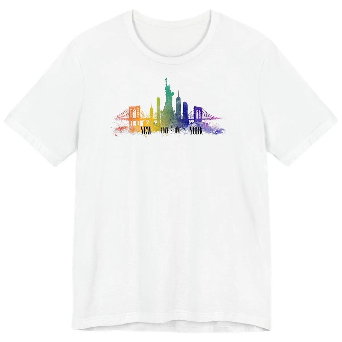 New York skyline with iconic landmarks rendered in rainbow watercolor gradients, featuring 'NEW LOVE IS LOVE YORK' text celebrating LGBTQ+ pride. in White