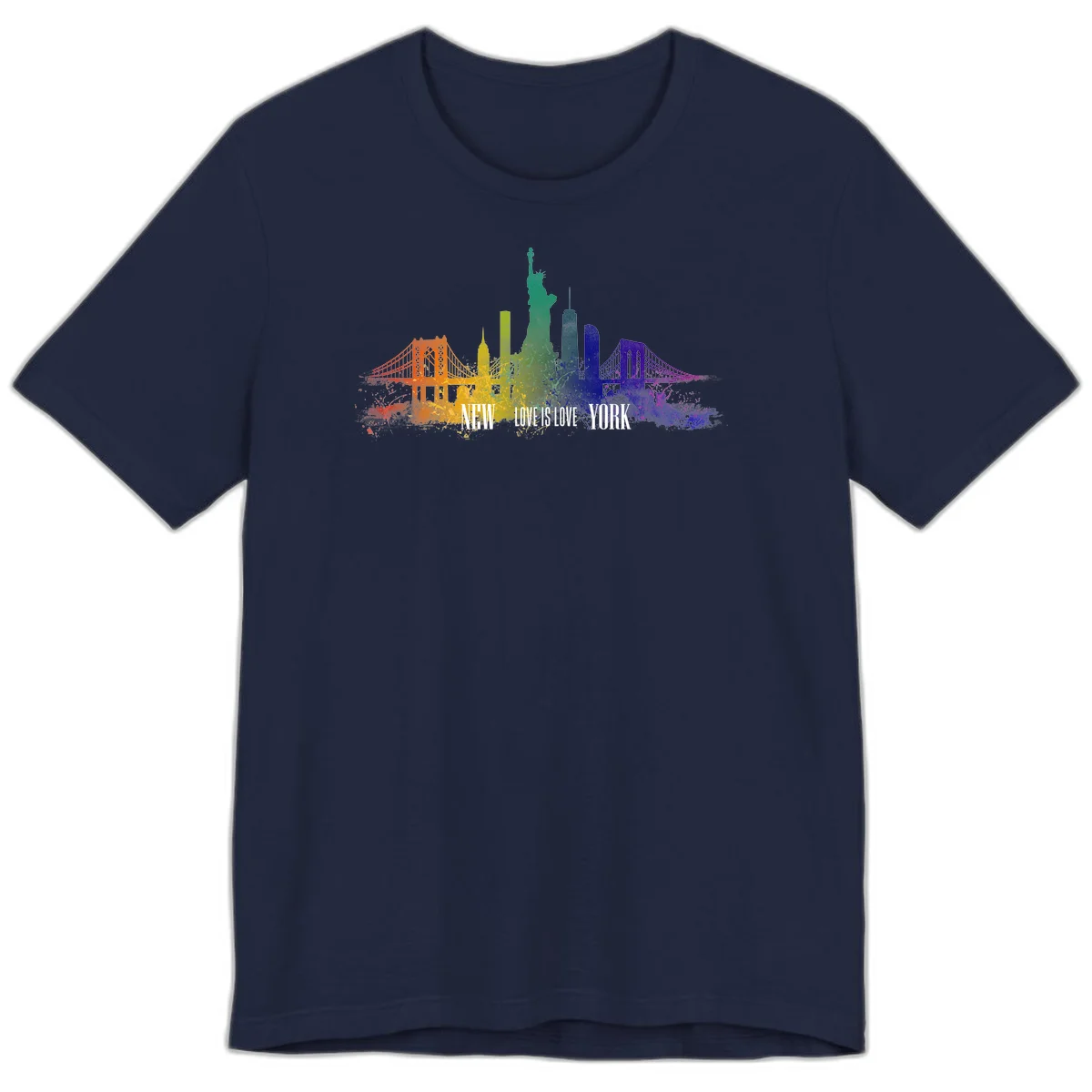 New York skyline with iconic landmarks rendered in rainbow watercolor gradients, featuring 'NEW LOVE IS LOVE YORK' text celebrating LGBTQ+ pride. in Navy
