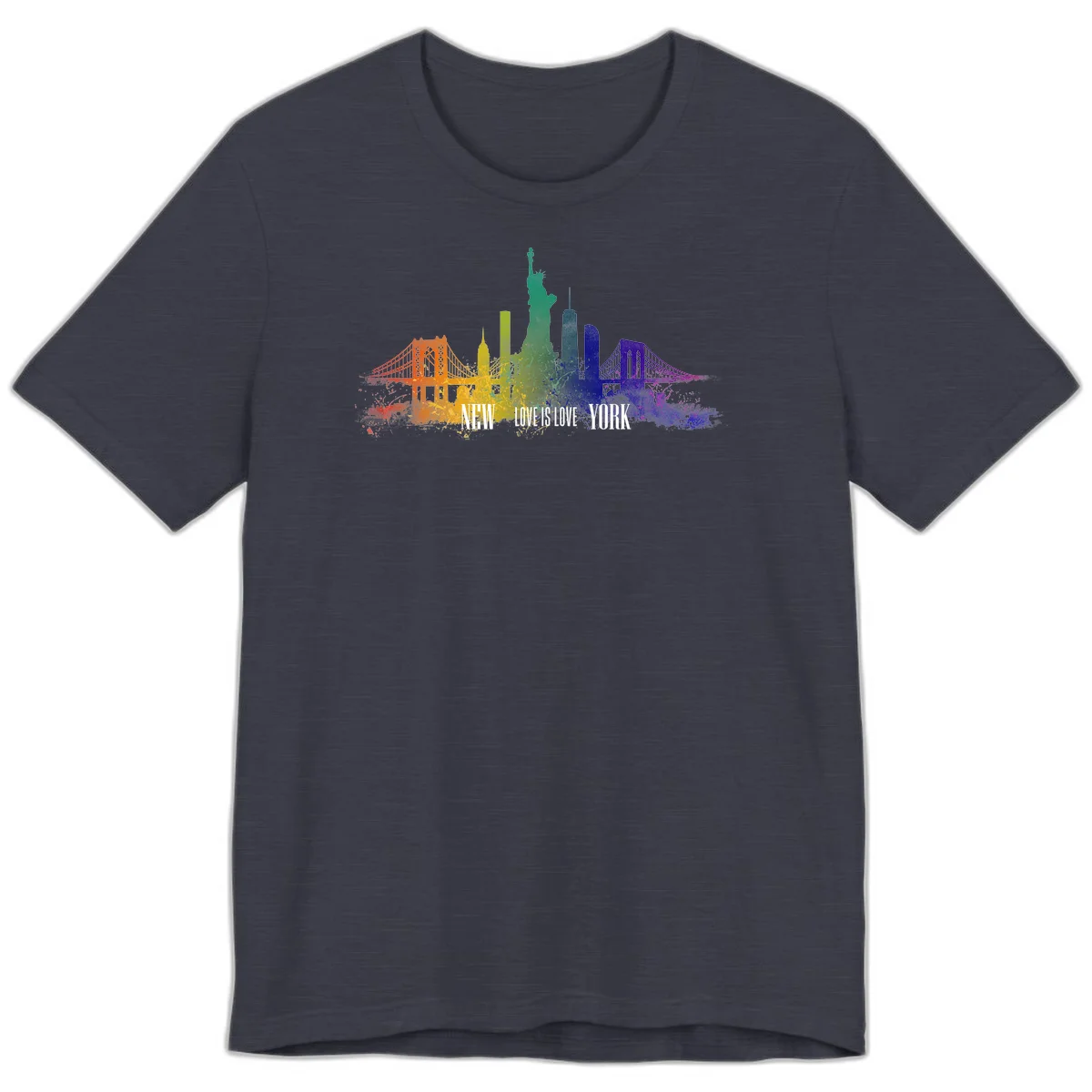 New York skyline with iconic landmarks rendered in rainbow watercolor gradients, featuring 'NEW LOVE IS LOVE YORK' text celebrating LGBTQ+ pride. in Heather Midnight Navy
