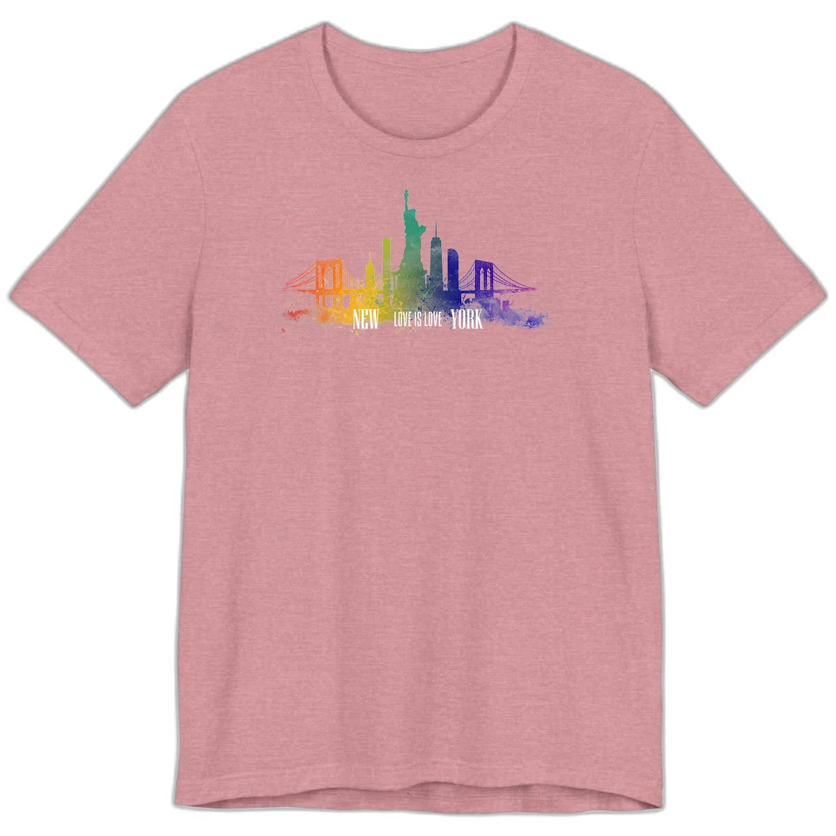 New York skyline with iconic landmarks rendered in rainbow watercolor gradients, featuring 'NEW LOVE IS LOVE YORK' text celebrating LGBTQ+ pride. in Heather Orchid