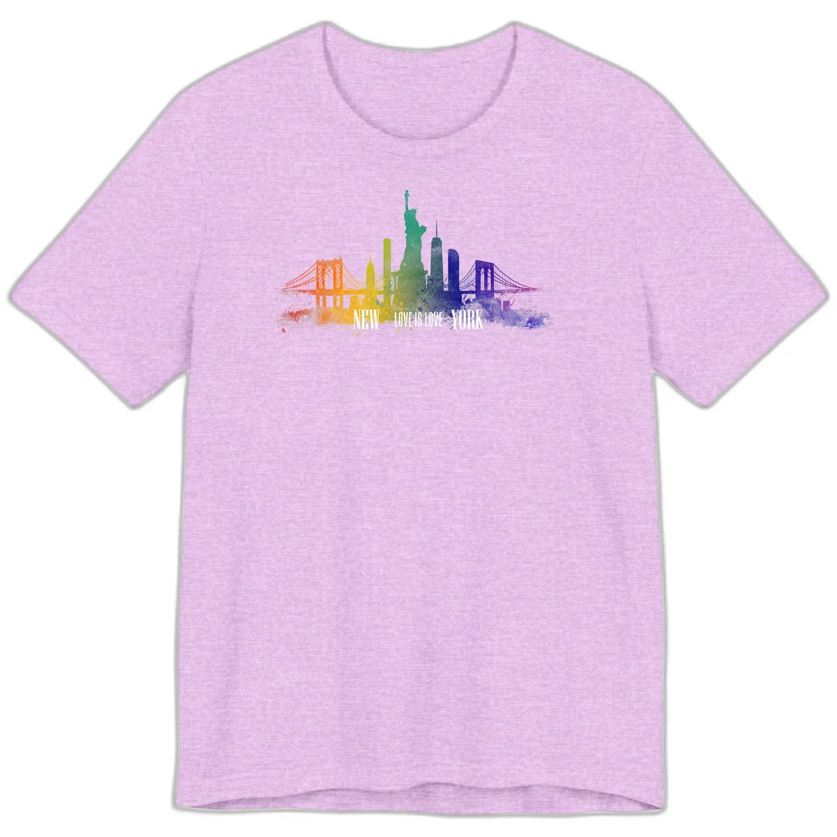 New York skyline with iconic landmarks rendered in rainbow watercolor gradients, featuring 'NEW LOVE IS LOVE YORK' text celebrating LGBTQ+ pride. in Heather Prism Lilac