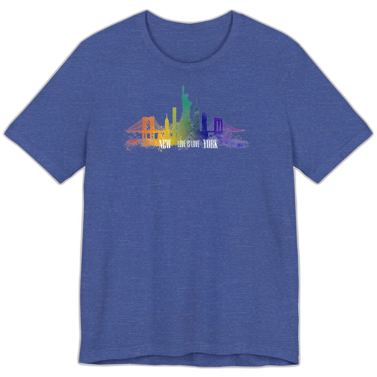 New York skyline with iconic landmarks rendered in rainbow watercolor gradients, featuring 'NEW LOVE IS LOVE YORK' text celebrating LGBTQ+ pride. in Heather True Royal