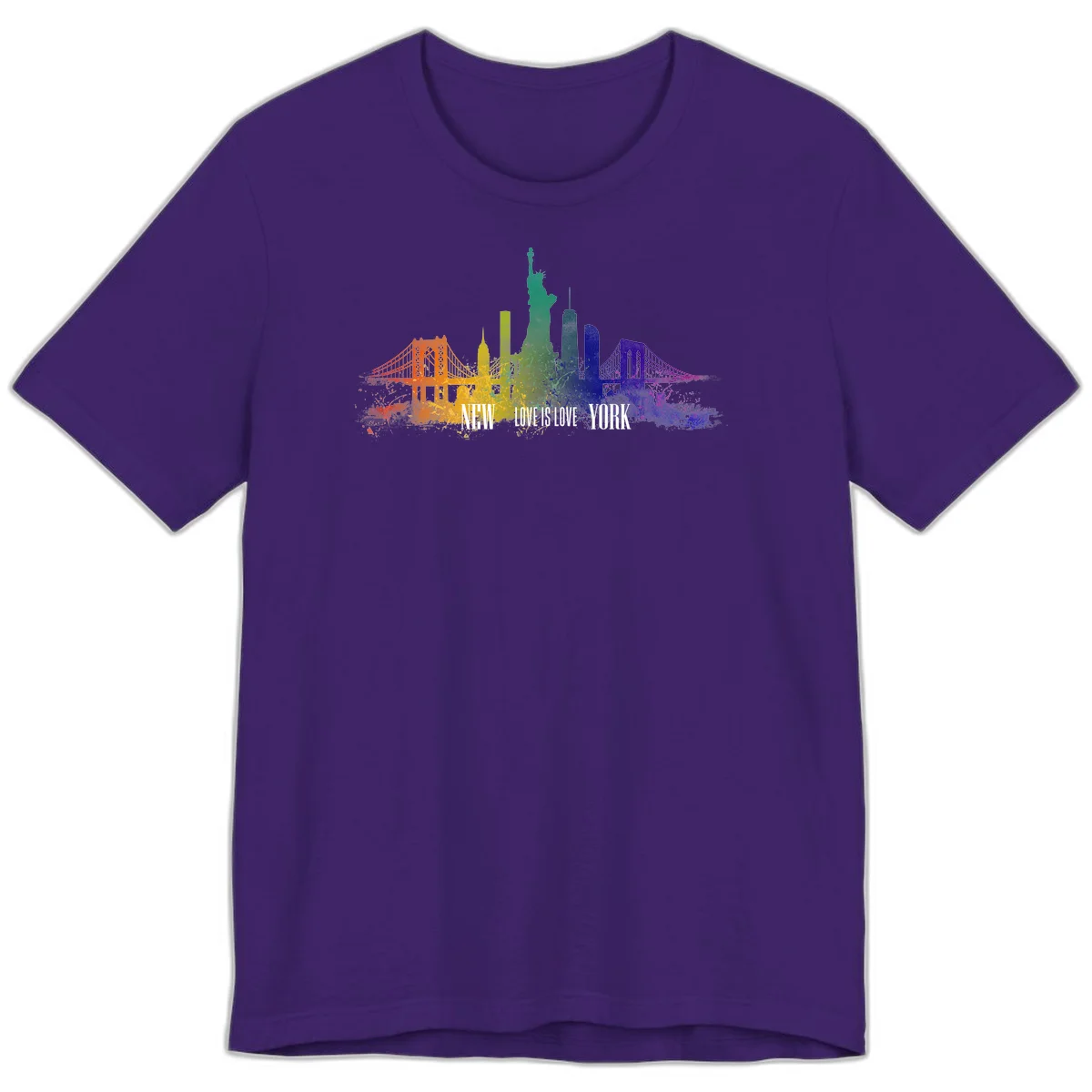 New York skyline with iconic landmarks rendered in rainbow watercolor gradients, featuring 'NEW LOVE IS LOVE YORK' text celebrating LGBTQ+ pride. in Team Purple