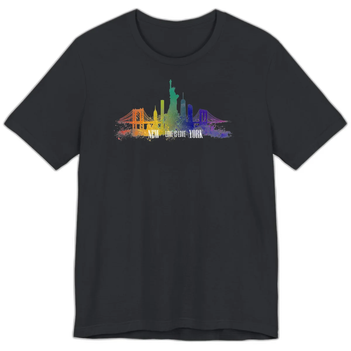 New York skyline with iconic landmarks rendered in rainbow watercolor gradients, featuring 'NEW LOVE IS LOVE YORK' text celebrating LGBTQ+ pride. in Vintage Black