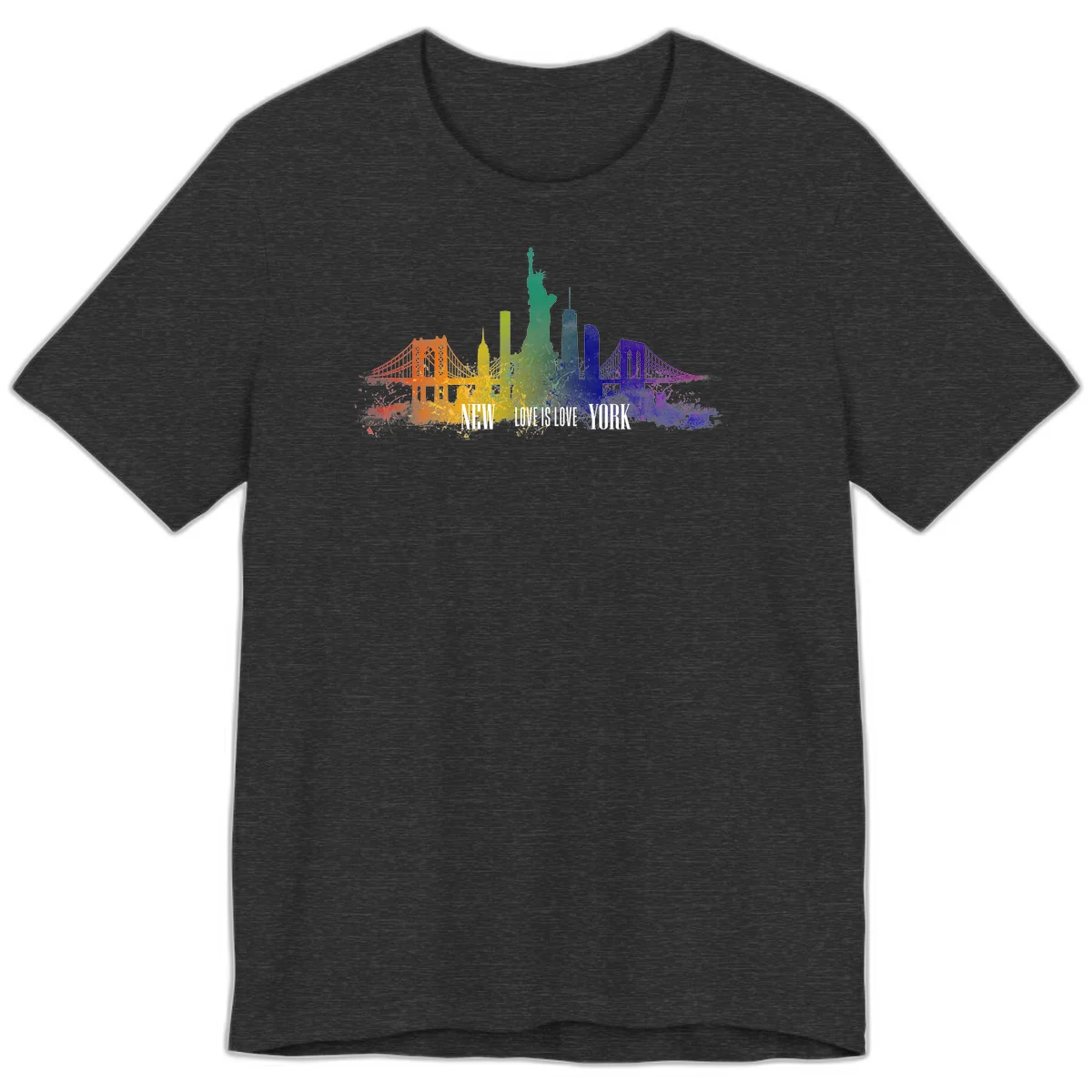 New York skyline with iconic landmarks rendered in rainbow watercolor gradients, featuring 'NEW LOVE IS LOVE YORK' text celebrating LGBTQ+ pride. in Dark Grey Heather