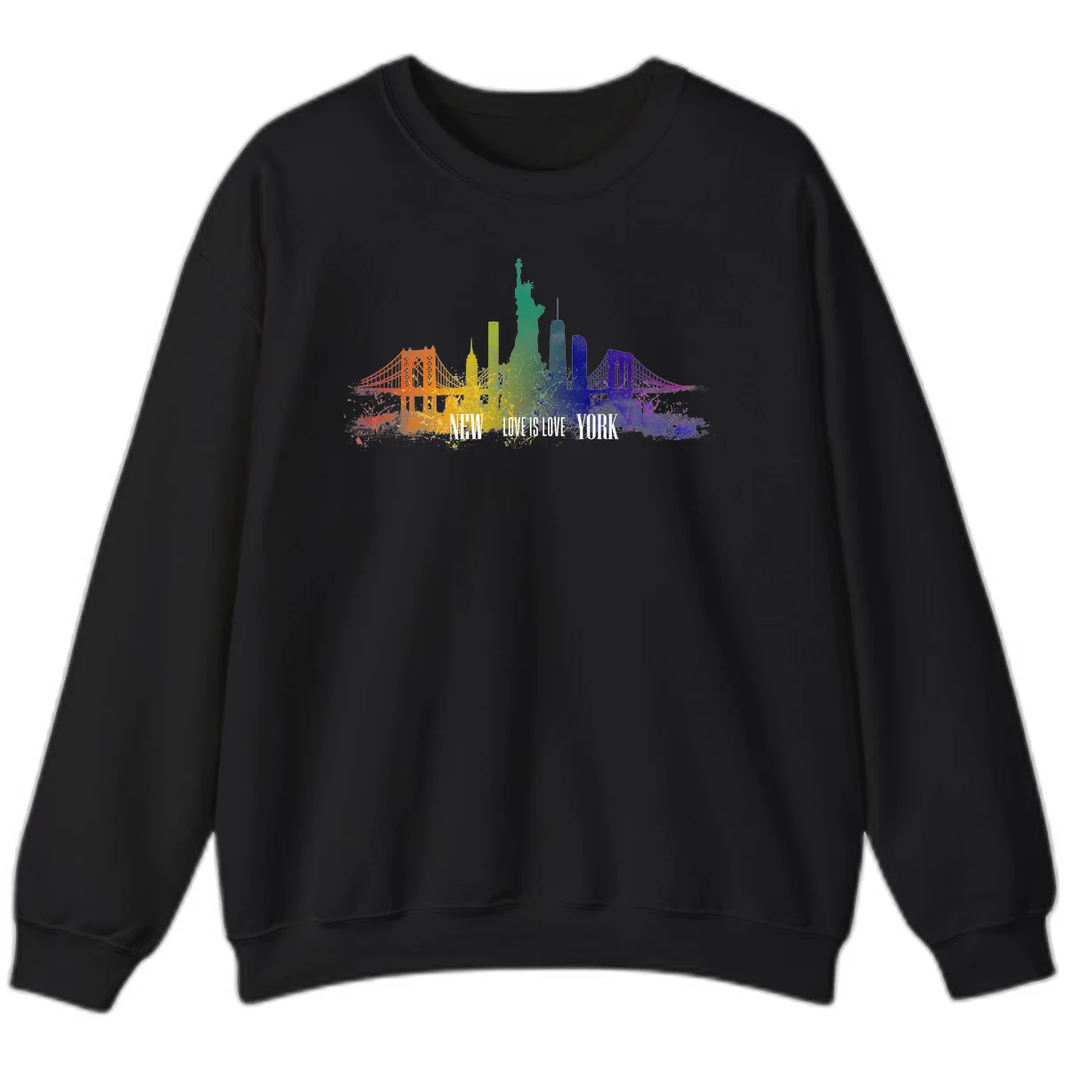 New York skyline with iconic landmarks rendered in rainbow watercolor gradients, featuring 'NEW LOVE IS LOVE YORK' text celebrating LGBTQ+ pride. in Black