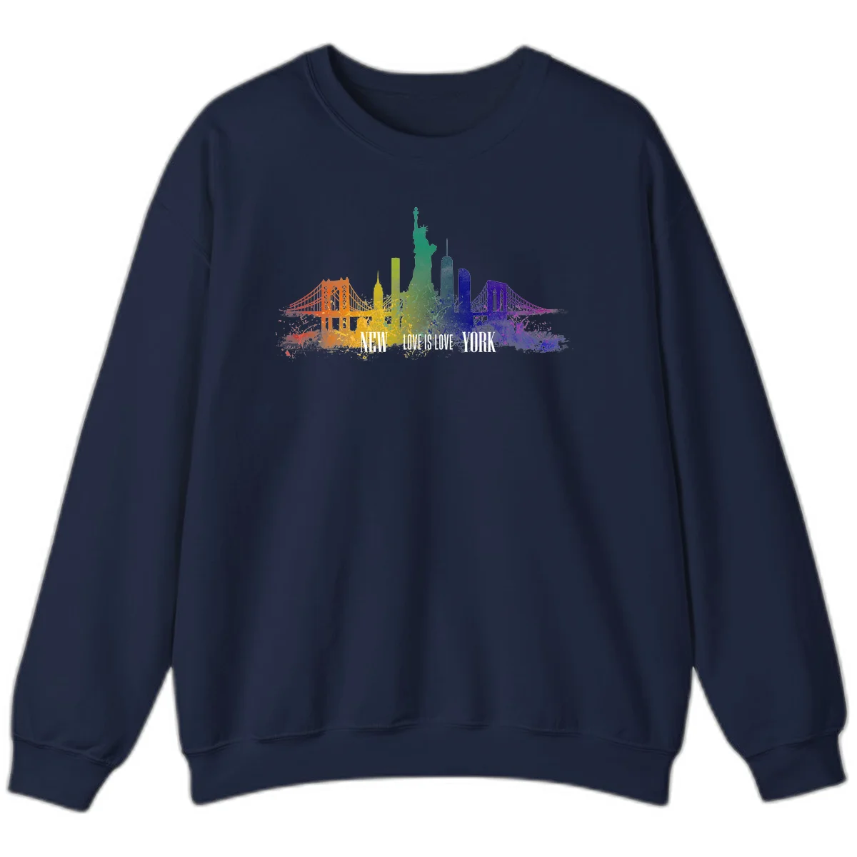 New York skyline with iconic landmarks rendered in rainbow watercolor gradients, featuring 'NEW LOVE IS LOVE YORK' text celebrating LGBTQ+ pride. in Navy