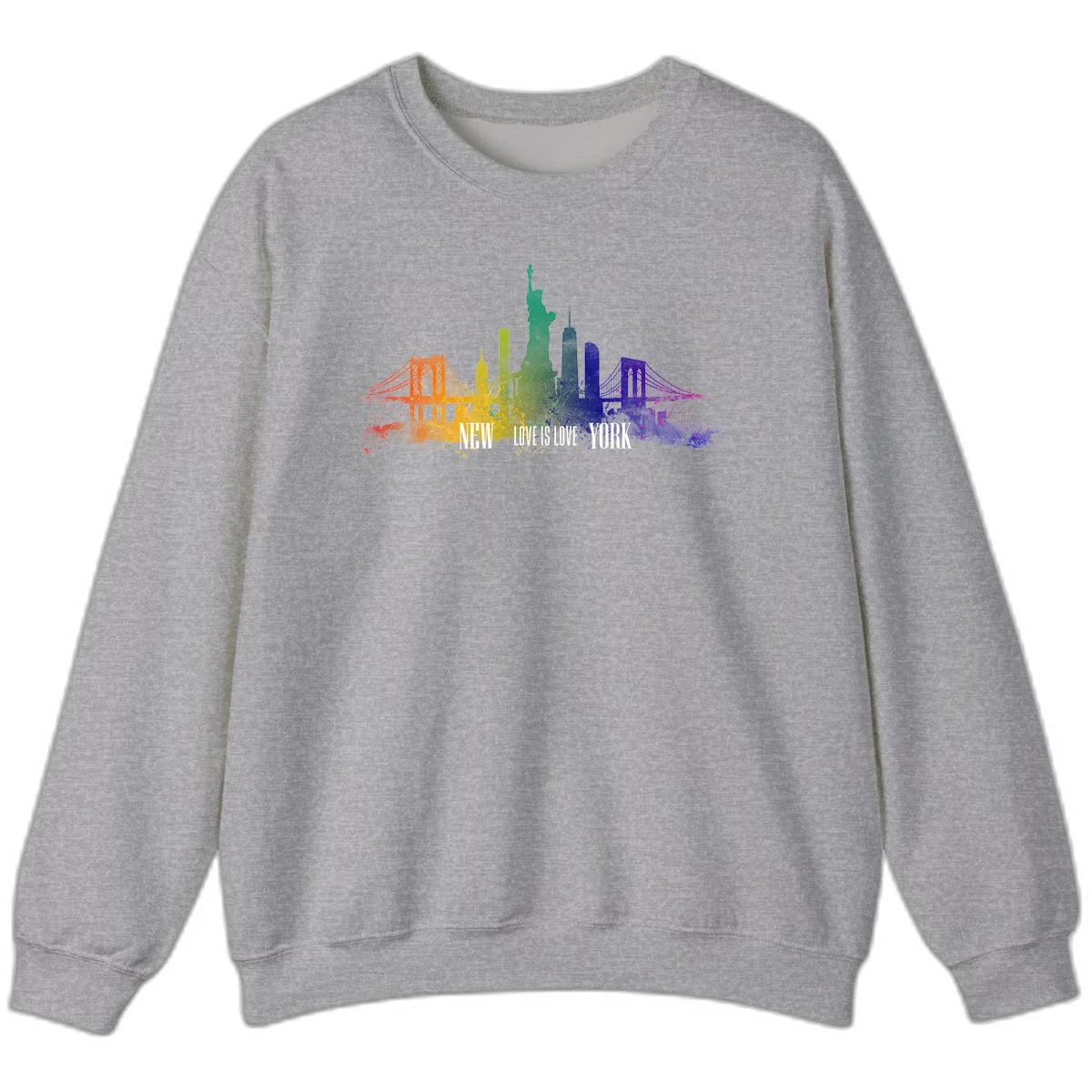 New York skyline with iconic landmarks rendered in rainbow watercolor gradients, featuring 'NEW LOVE IS LOVE YORK' text celebrating LGBTQ+ pride. in Sport Grey