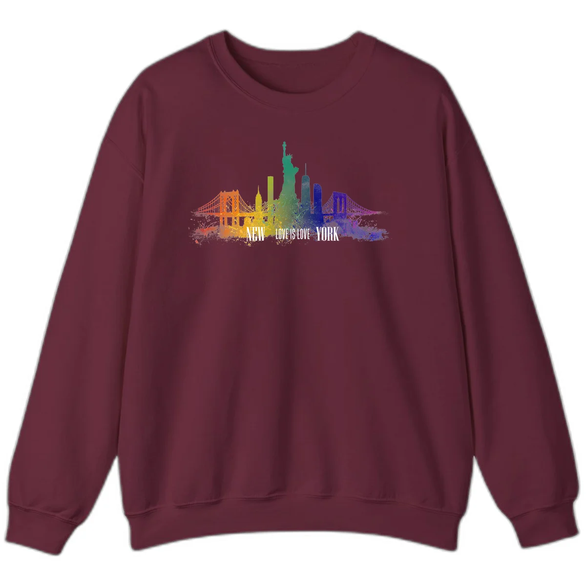 New York skyline with iconic landmarks rendered in rainbow watercolor gradients, featuring 'NEW LOVE IS LOVE YORK' text celebrating LGBTQ+ pride. in Maroon