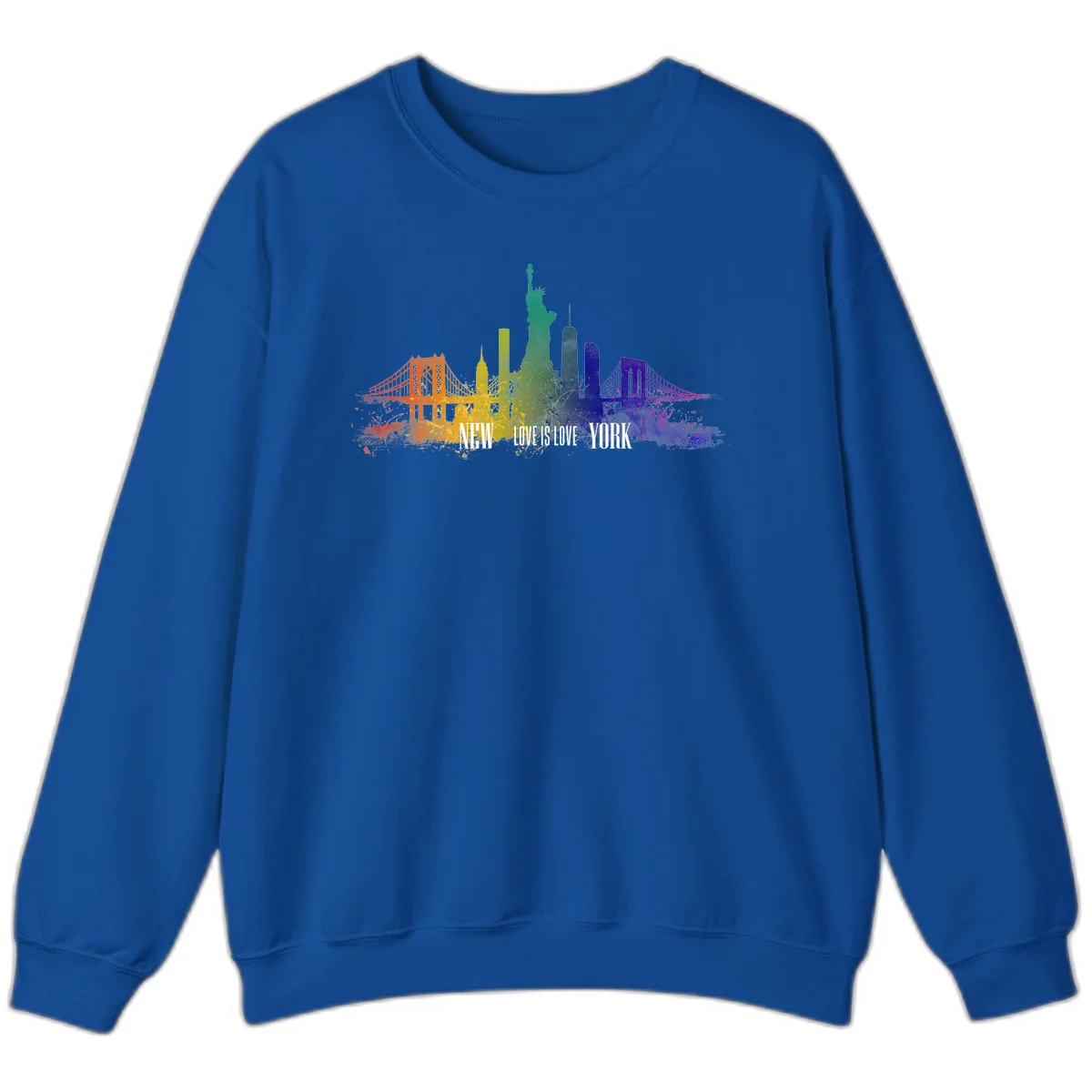 New York skyline with iconic landmarks rendered in rainbow watercolor gradients, featuring 'NEW LOVE IS LOVE YORK' text celebrating LGBTQ+ pride. in Royal