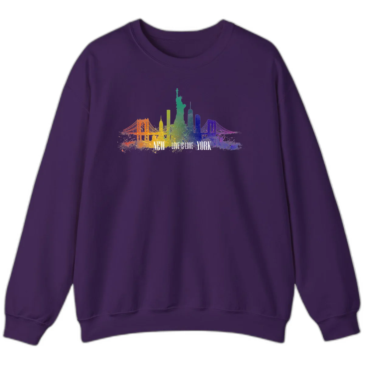 New York skyline with iconic landmarks rendered in rainbow watercolor gradients, featuring 'NEW LOVE IS LOVE YORK' text celebrating LGBTQ+ pride. in Purple