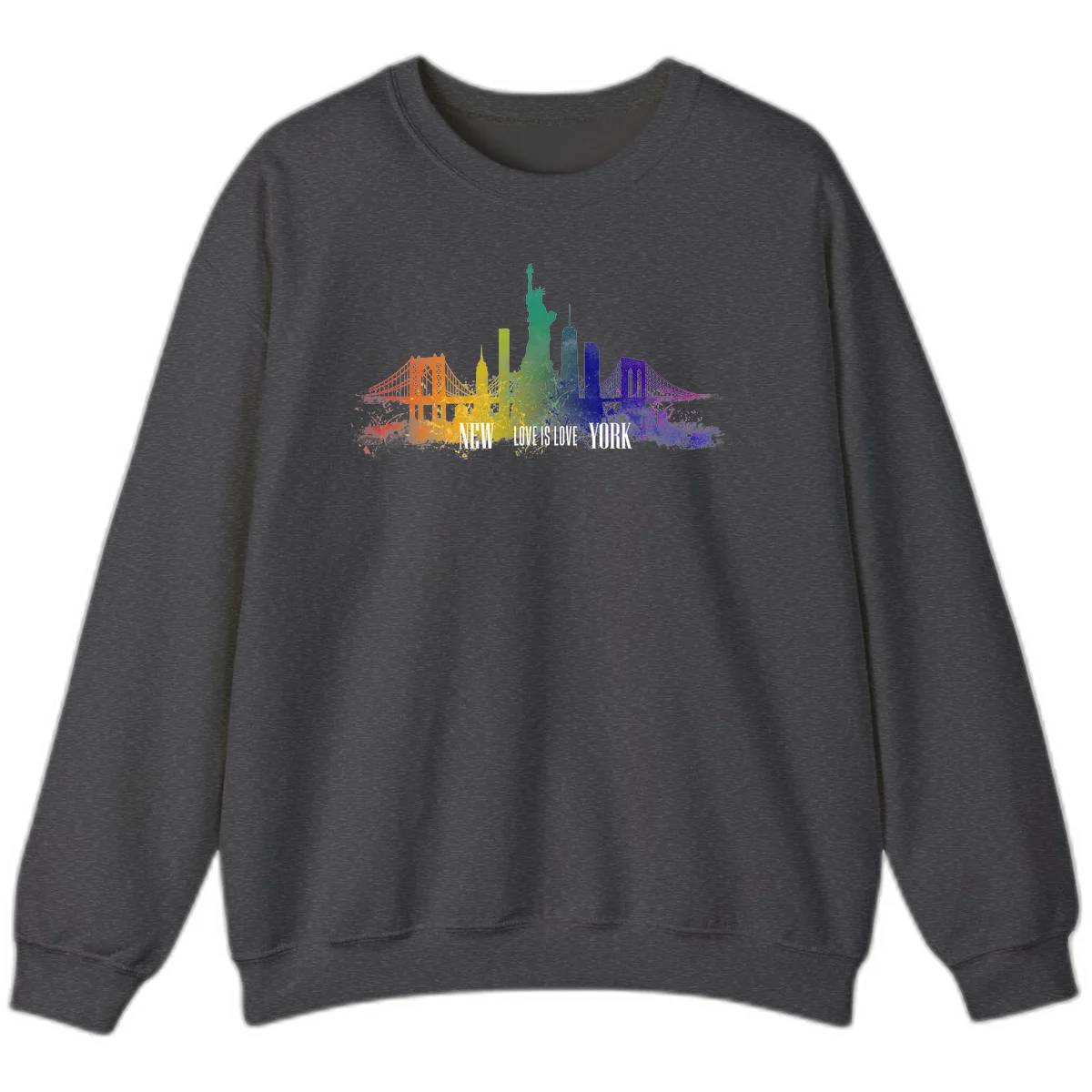 New York skyline with iconic landmarks rendered in rainbow watercolor gradients, featuring 'NEW LOVE IS LOVE YORK' text celebrating LGBTQ+ pride. in Dark Heather