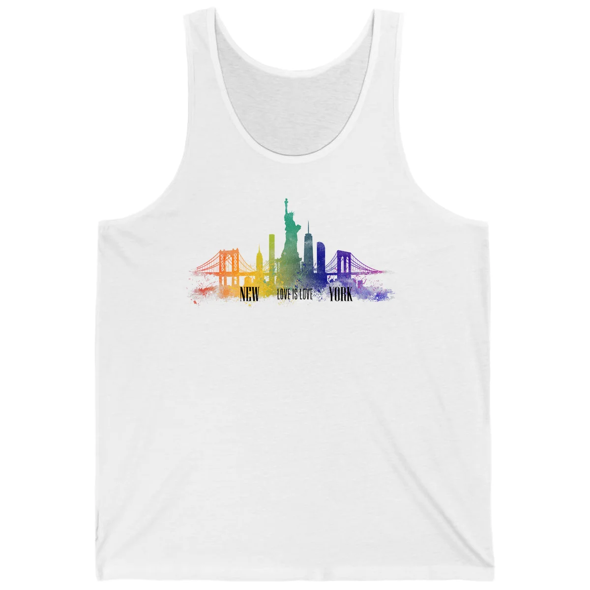 New York skyline with iconic landmarks rendered in rainbow watercolor gradients, featuring 'NEW LOVE IS LOVE YORK' text celebrating LGBTQ+ pride. in White