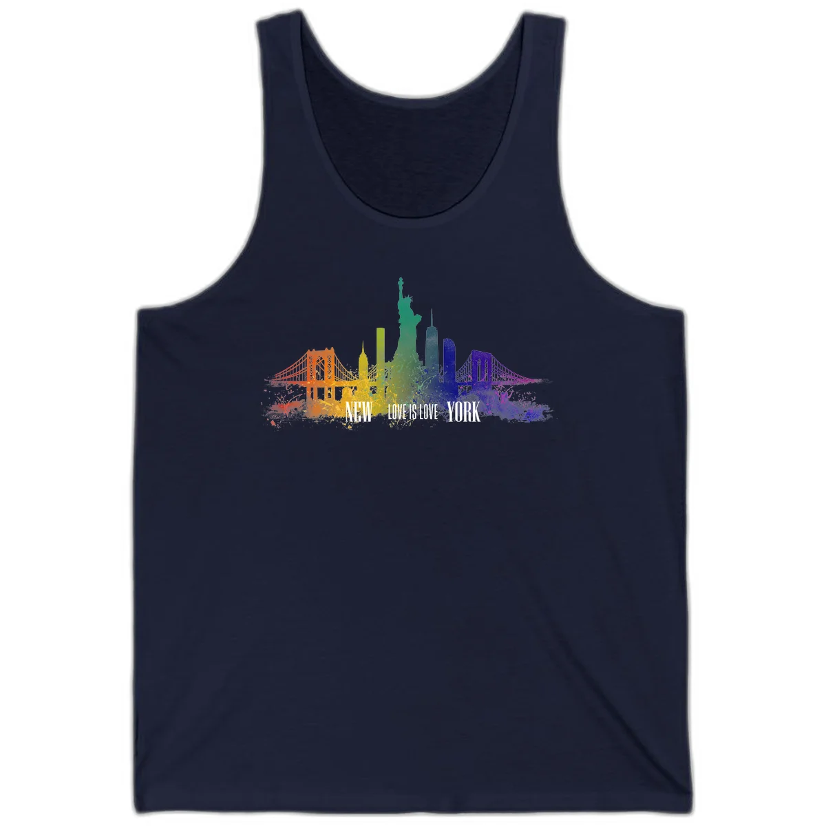 New York skyline with iconic landmarks rendered in rainbow watercolor gradients, featuring 'NEW LOVE IS LOVE YORK' text celebrating LGBTQ+ pride. in Navy