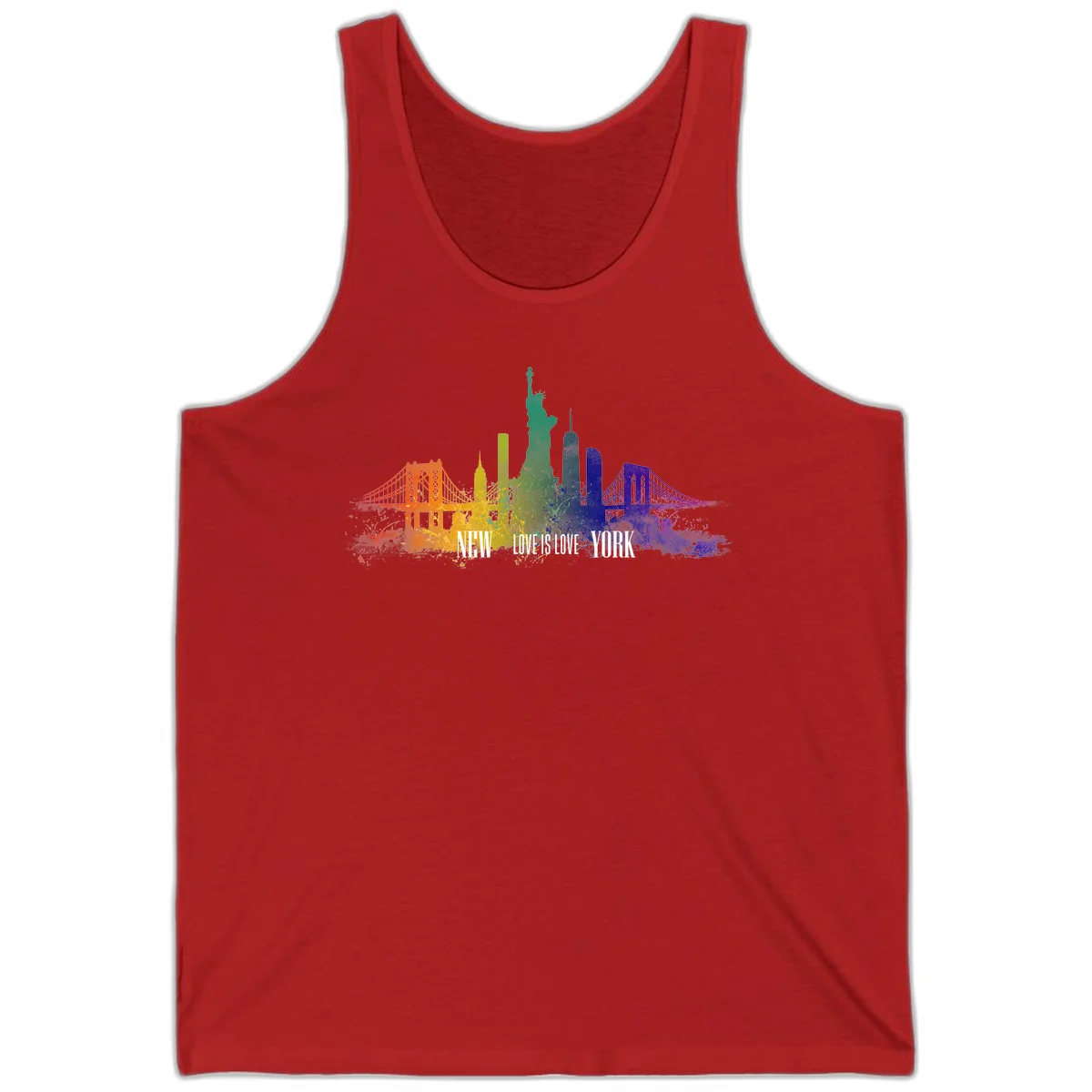 New York skyline with iconic landmarks rendered in rainbow watercolor gradients, featuring 'NEW LOVE IS LOVE YORK' text celebrating LGBTQ+ pride. in Red