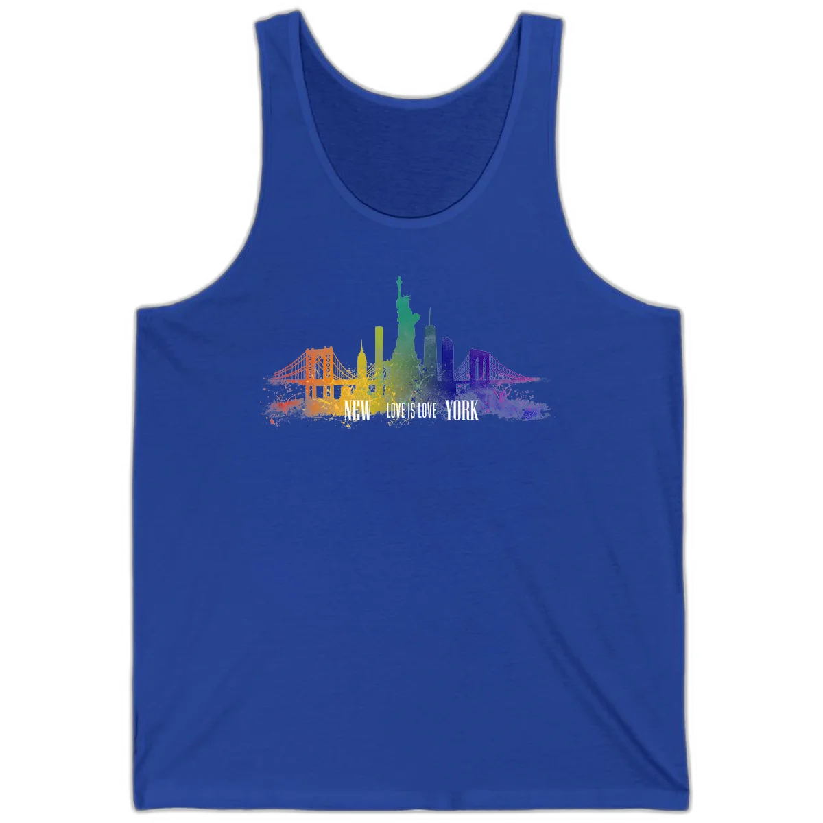 New York skyline with iconic landmarks rendered in rainbow watercolor gradients, featuring 'NEW LOVE IS LOVE YORK' text celebrating LGBTQ+ pride. in True Royal