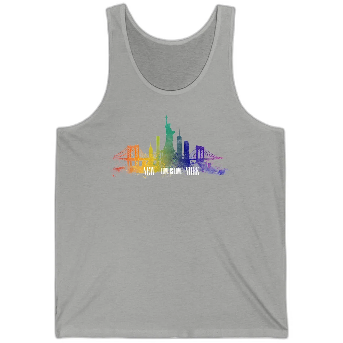 New York skyline with iconic landmarks rendered in rainbow watercolor gradients, featuring 'NEW LOVE IS LOVE YORK' text celebrating LGBTQ+ pride. in Athletic Heather