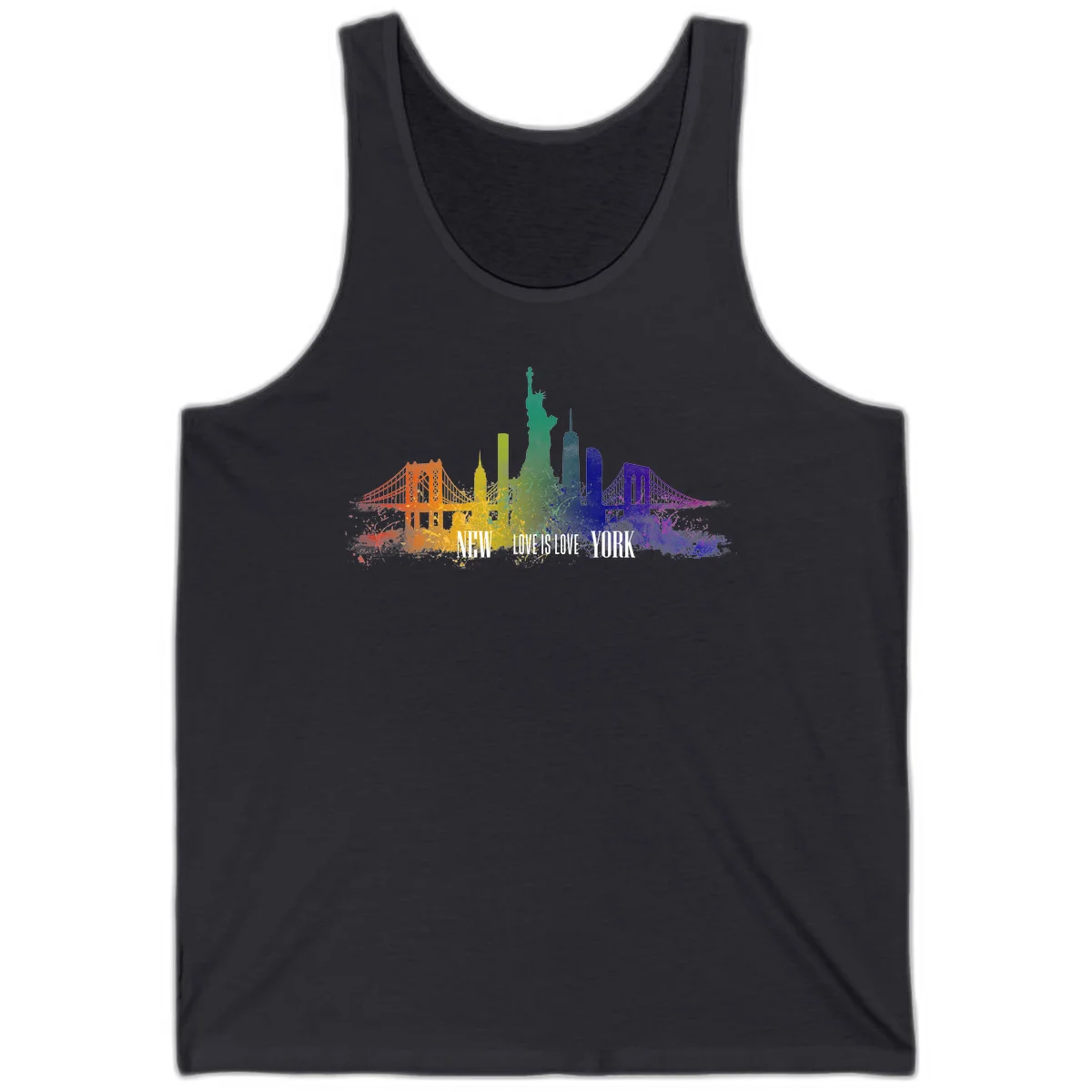 New York skyline with iconic landmarks rendered in rainbow watercolor gradients, featuring 'NEW LOVE IS LOVE YORK' text celebrating LGBTQ+ pride. in Dark Grey