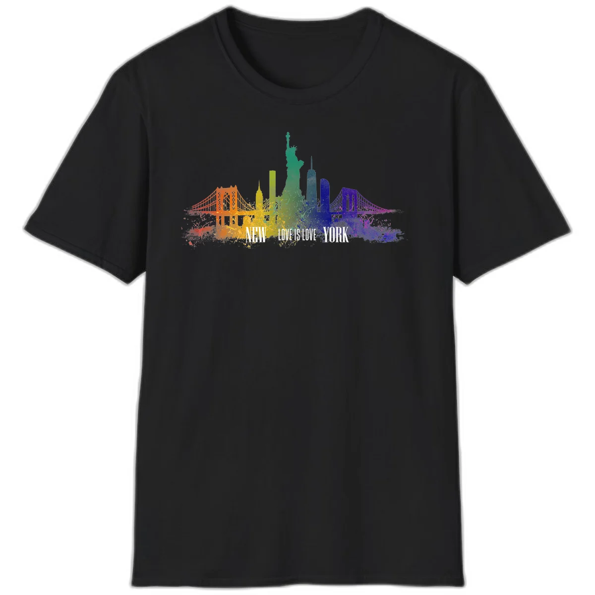 New York skyline with iconic landmarks rendered in rainbow watercolor gradients, featuring 'NEW LOVE IS LOVE YORK' text celebrating LGBTQ+ pride. in Black