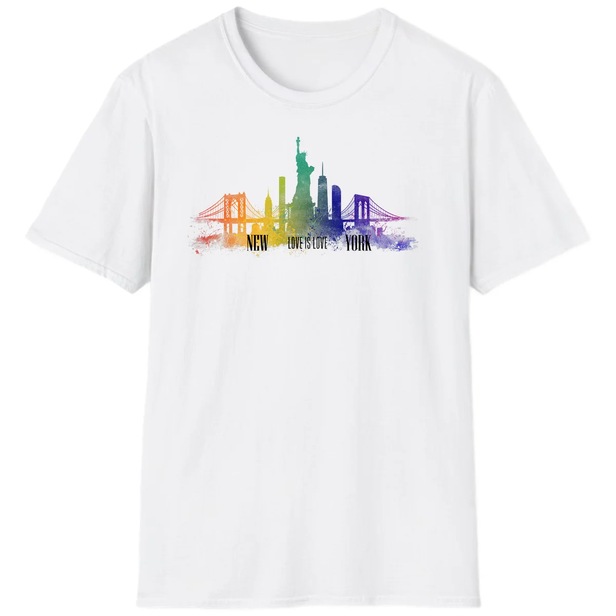 New York skyline with iconic landmarks rendered in rainbow watercolor gradients, featuring 'NEW LOVE IS LOVE YORK' text celebrating LGBTQ+ pride. in White