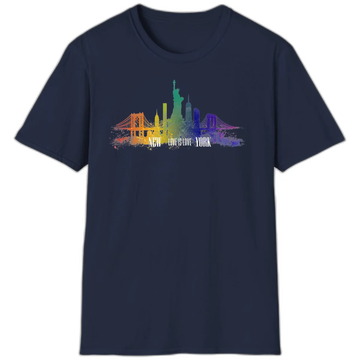 New York skyline with iconic landmarks rendered in rainbow watercolor gradients, featuring 'NEW LOVE IS LOVE YORK' text celebrating LGBTQ+ pride. in Navy