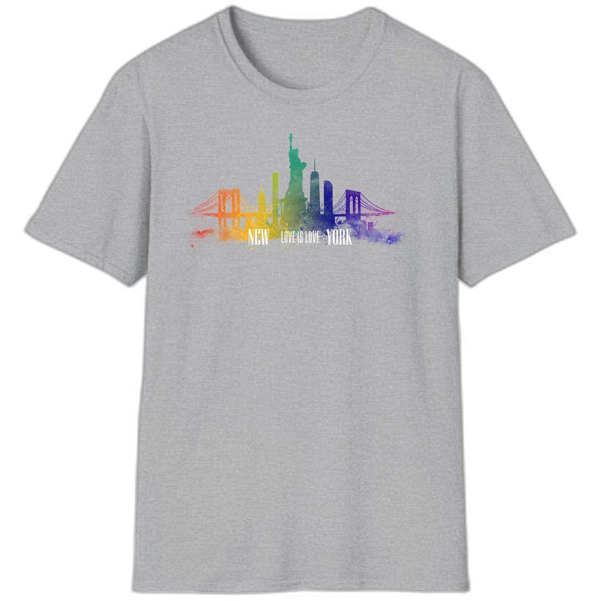 New York skyline with iconic landmarks rendered in rainbow watercolor gradients, featuring 'NEW LOVE IS LOVE YORK' text celebrating LGBTQ+ pride. in Sport Grey
