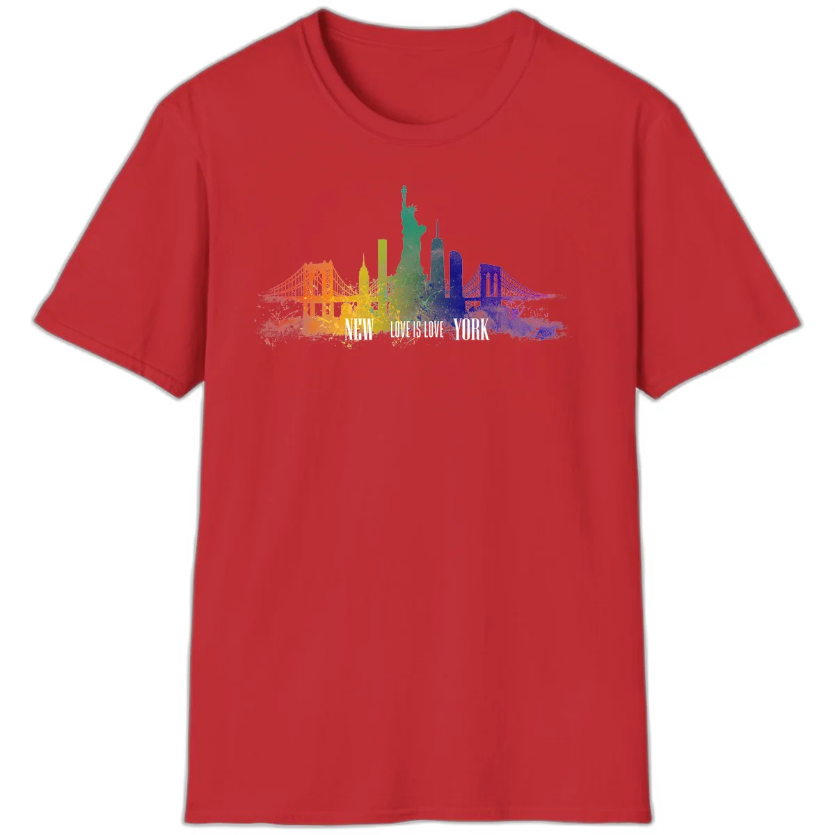 New York skyline with iconic landmarks rendered in rainbow watercolor gradients, featuring 'NEW LOVE IS LOVE YORK' text celebrating LGBTQ+ pride. in Red