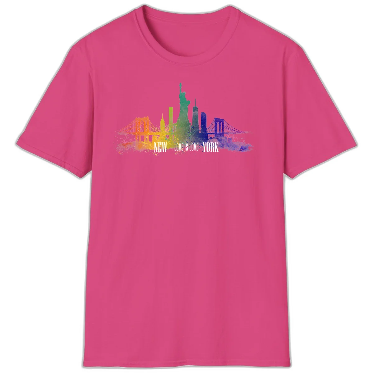 New York skyline with iconic landmarks rendered in rainbow watercolor gradients, featuring 'NEW LOVE IS LOVE YORK' text celebrating LGBTQ+ pride. in Heliconia