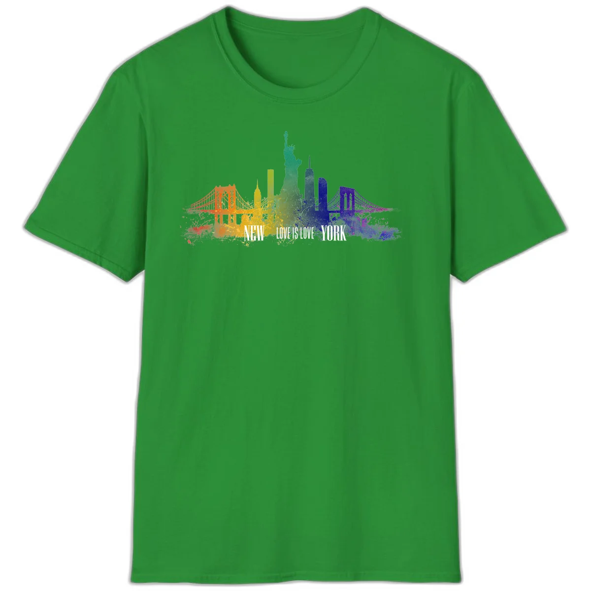 New York skyline with iconic landmarks rendered in rainbow watercolor gradients, featuring 'NEW LOVE IS LOVE YORK' text celebrating LGBTQ+ pride. in Irish Green