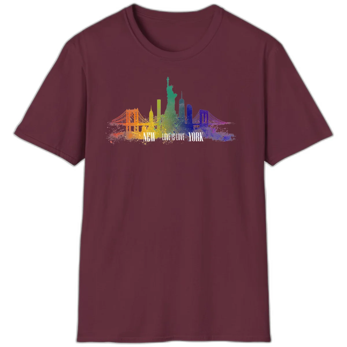 New York skyline with iconic landmarks rendered in rainbow watercolor gradients, featuring 'NEW LOVE IS LOVE YORK' text celebrating LGBTQ+ pride. in Maroon