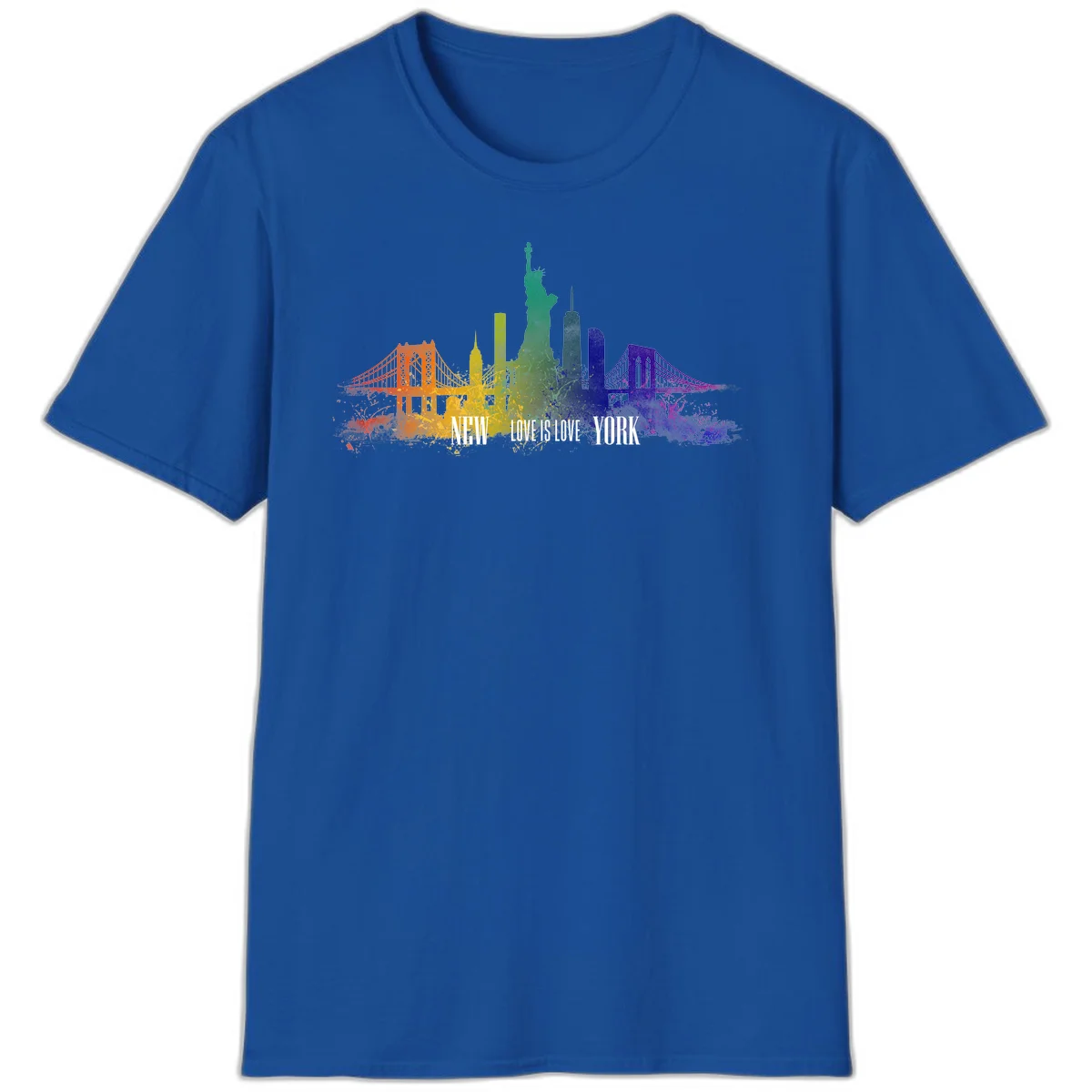 New York skyline with iconic landmarks rendered in rainbow watercolor gradients, featuring 'NEW LOVE IS LOVE YORK' text celebrating LGBTQ+ pride. in Royal