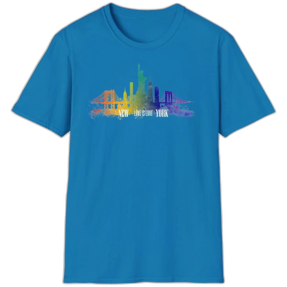 New York skyline with iconic landmarks rendered in rainbow watercolor gradients, featuring 'NEW LOVE IS LOVE YORK' text celebrating LGBTQ+ pride. in Sapphire