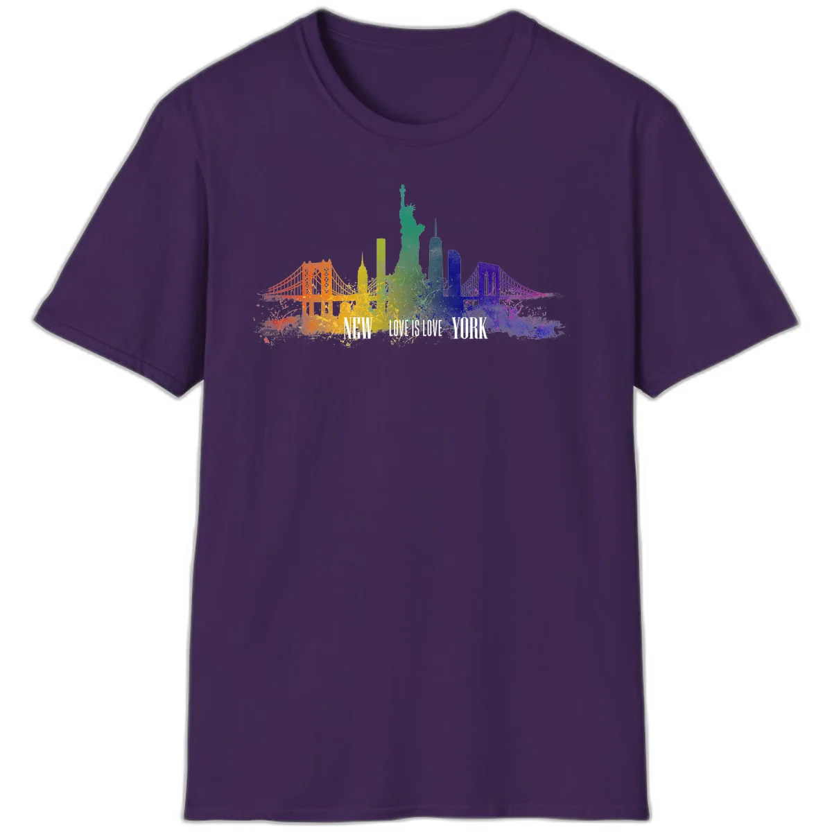 New York skyline with iconic landmarks rendered in rainbow watercolor gradients, featuring 'NEW LOVE IS LOVE YORK' text celebrating LGBTQ+ pride. in Purple