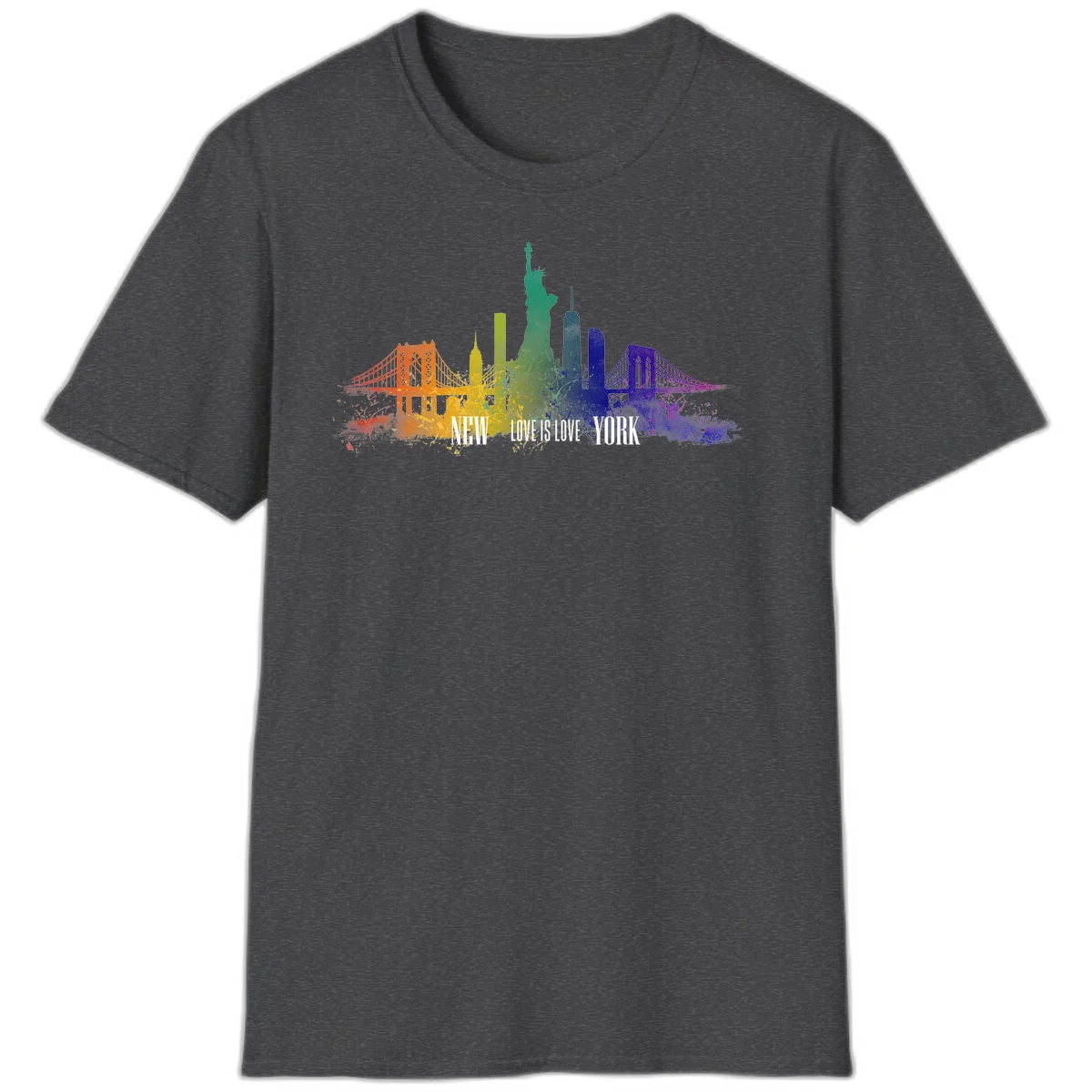 New York skyline with iconic landmarks rendered in rainbow watercolor gradients, featuring 'NEW LOVE IS LOVE YORK' text celebrating LGBTQ+ pride. in Dark Heather
