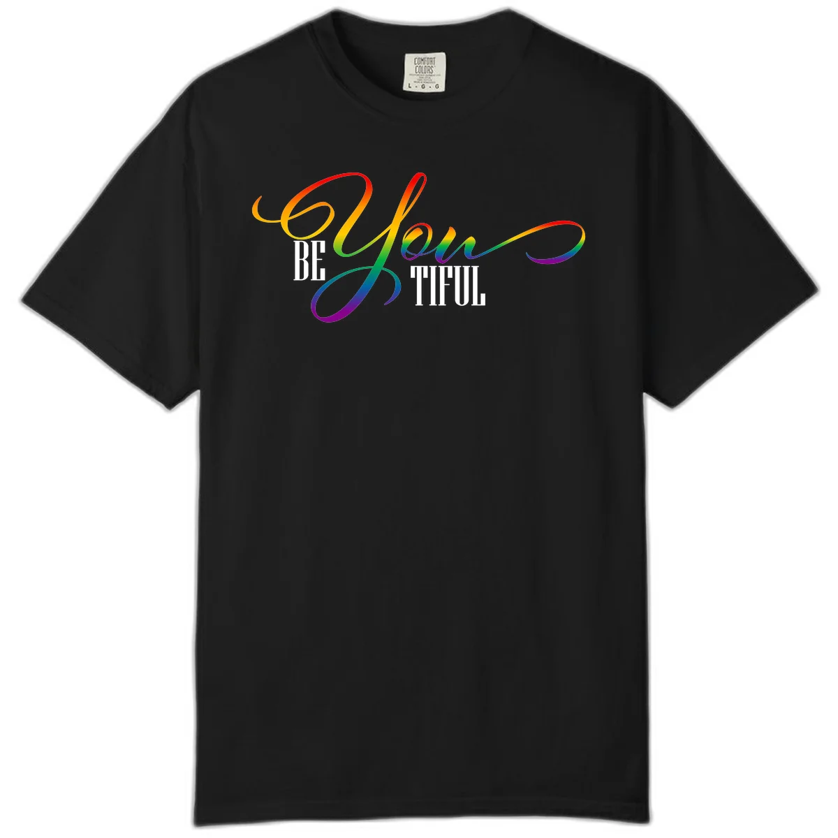 Colorful be-you-them-pride design with flowing rainbow gradient text transitioning from red to purple on gray background in Black