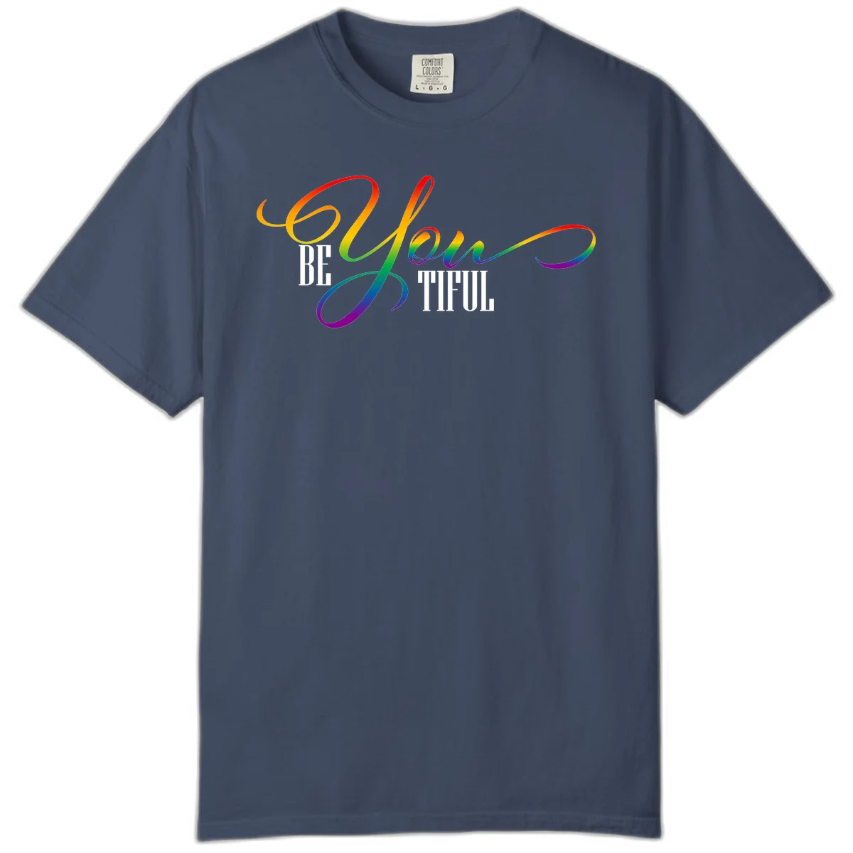 Colorful be-you-them-pride design with flowing rainbow gradient text transitioning from red to purple on gray background in Midnight