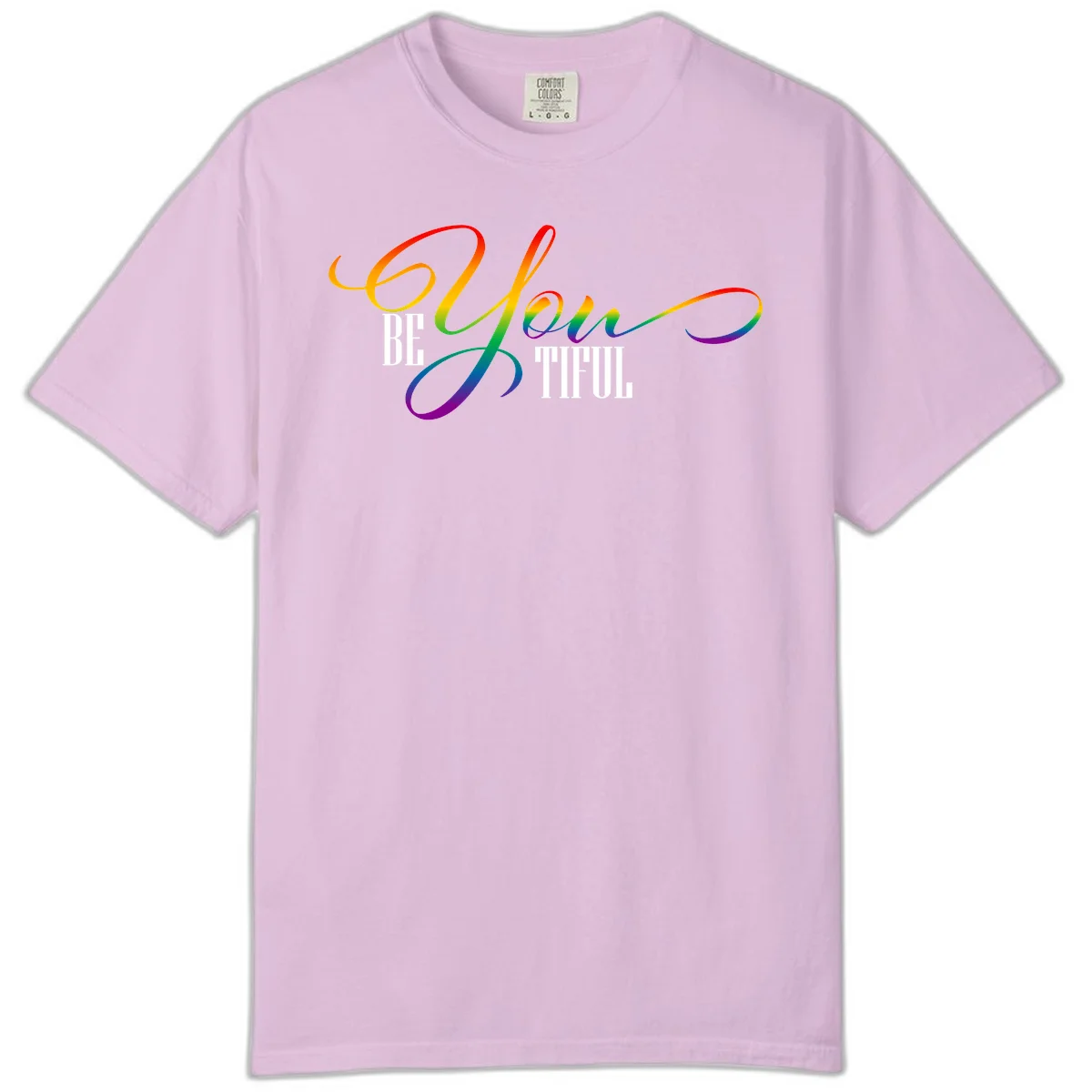 Colorful be-you-them-pride design with flowing rainbow gradient text transitioning from red to purple on gray background in Orchid